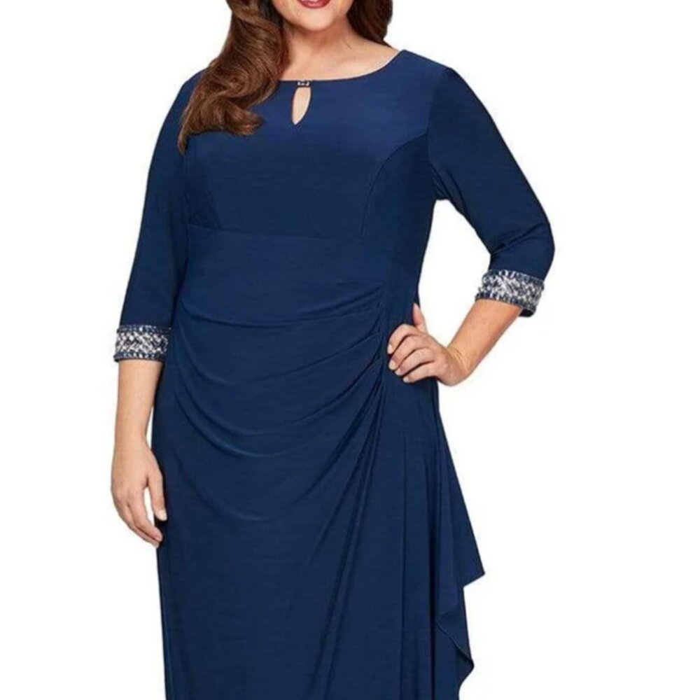 Alex Evenings - 4351416 Keyhole Front Drape Off Dress (Cobalt, 16W)